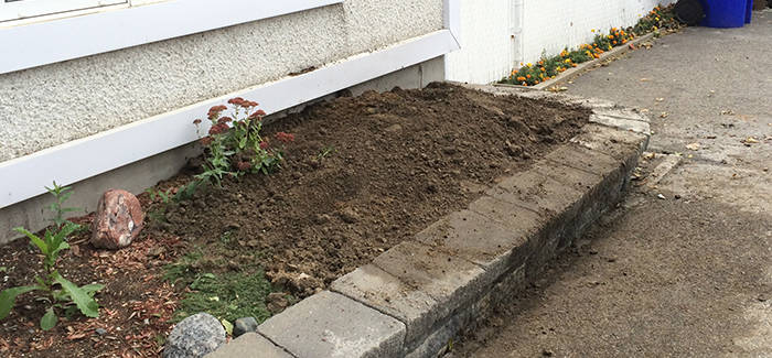 Same location after drilling: soil put back along the foundation, yard clean and restored