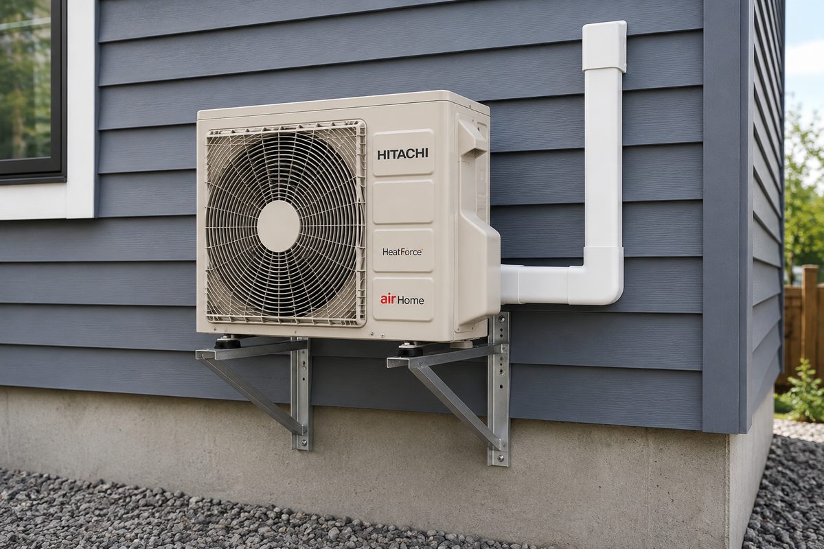Thermopompe murale Hitachi, unité extérieure installée sur le mur d'une résidence